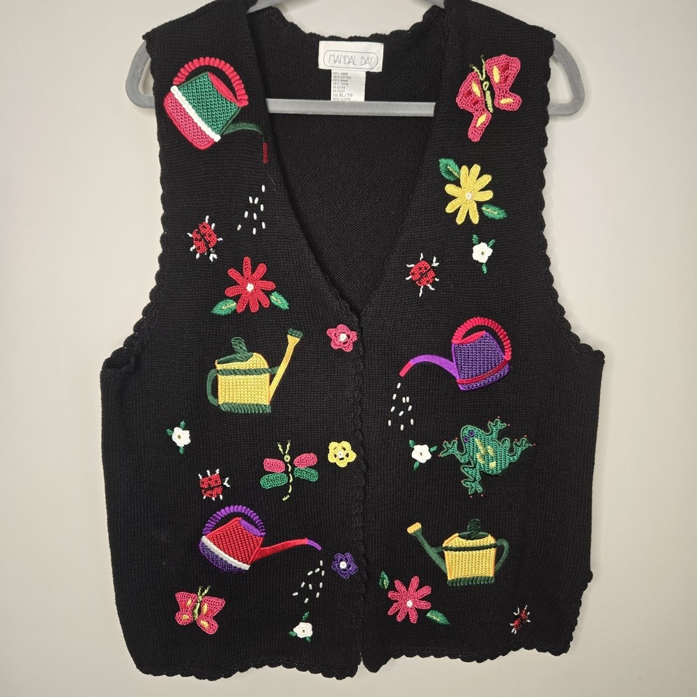 Mandal Bay 90s Spring Size Embroidered XL Black Vest Cotton Blend Whimsical - Picture 2 of 10